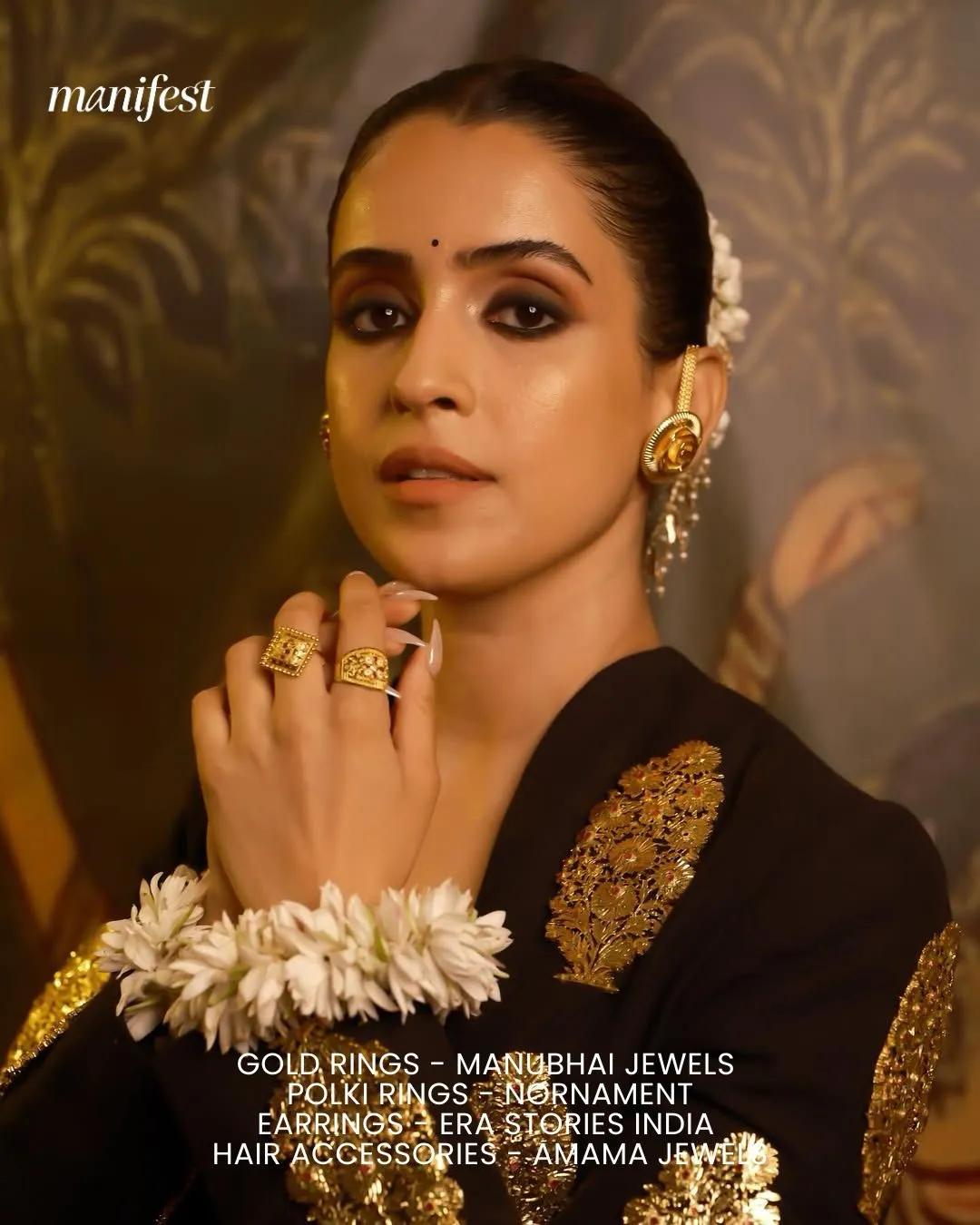 Sanya Malhotra adorning gold and flowers