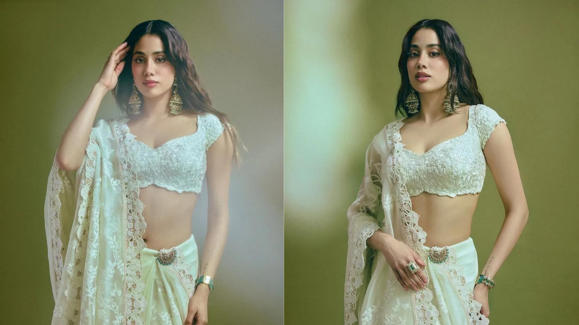 Janhvi Kapoor wearing a brooch with her sari