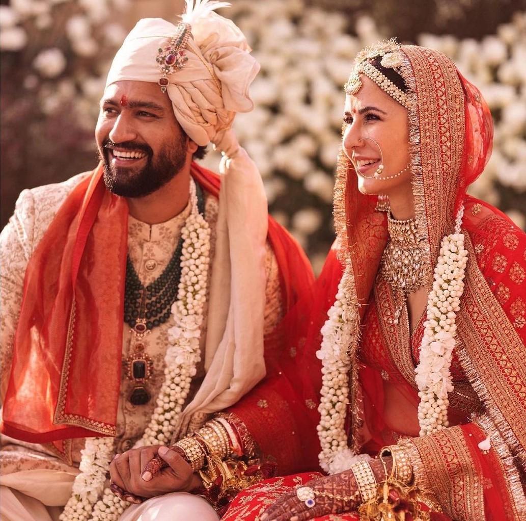 Vicky Kaushal wearing a Kalgi at her wedding