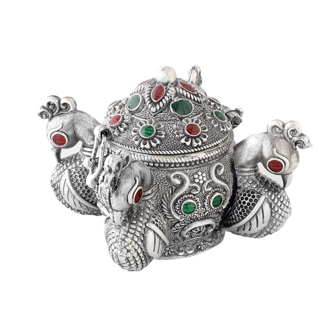 Silver Decorative Box With Four Peacocks Kumkum Dabbi, Carat Cafe