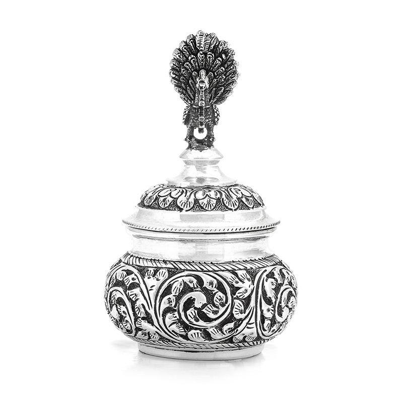 925 Oxidised Silver Kunguma Box Peacock Design, Silver Palace