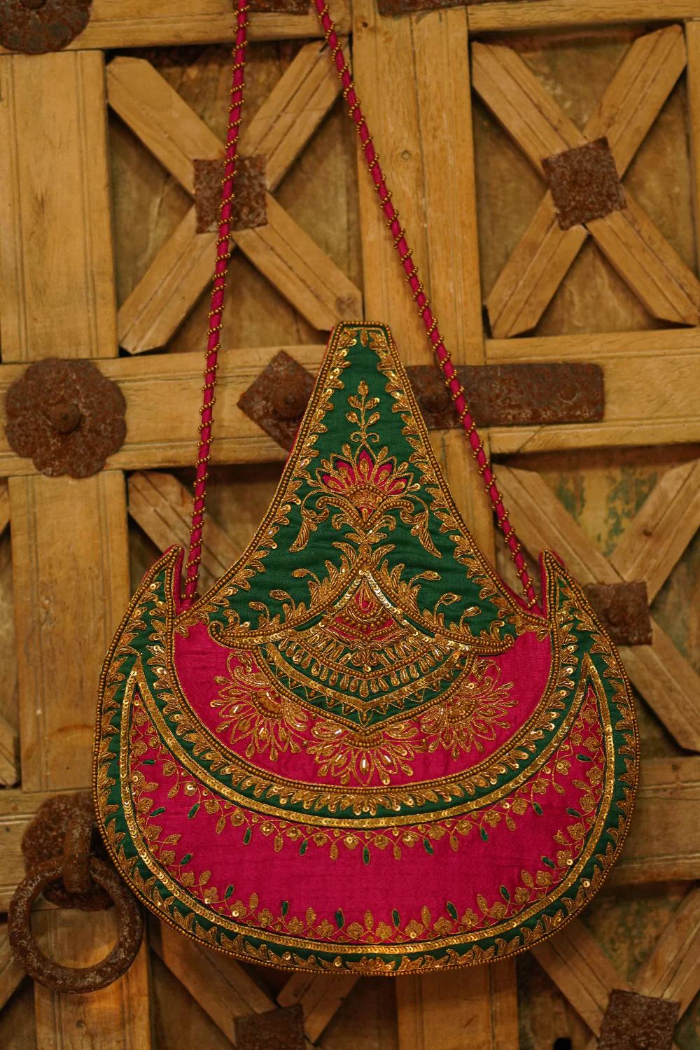 Rama Green Chanderi Silk Potli Bag, Jigar Mali