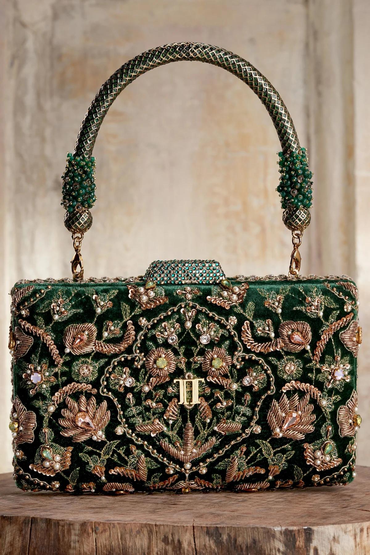 TarunTahilianiAccessoriesEmbroideredClutchEmeraldFront_1400x