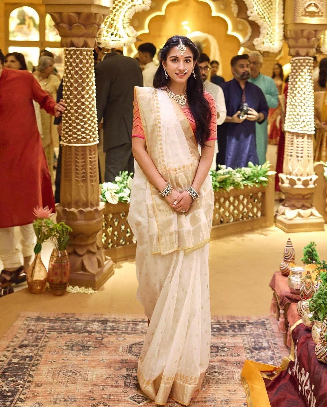 Radhika Merchant wearing seedha pallu sari