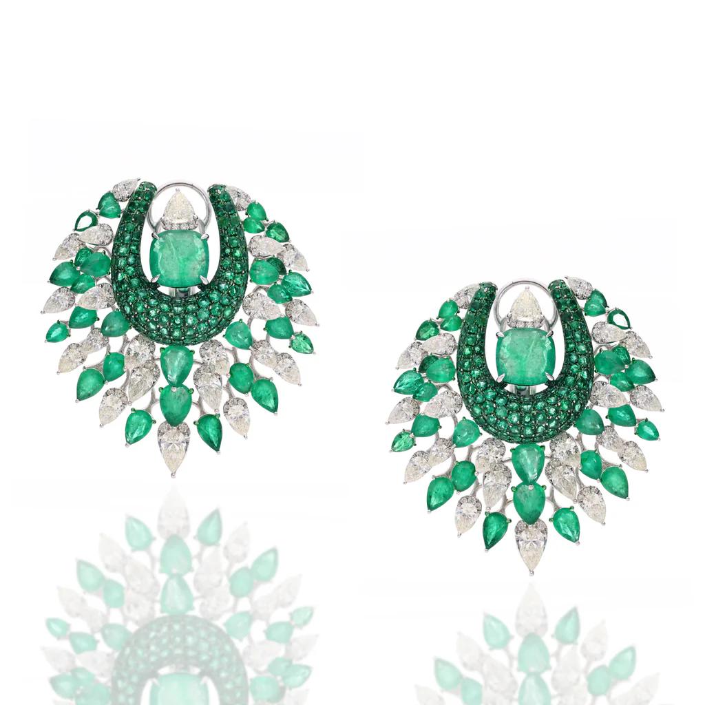Emerald Feathered Luxe Diamond Earrings, Khanna Jewellers