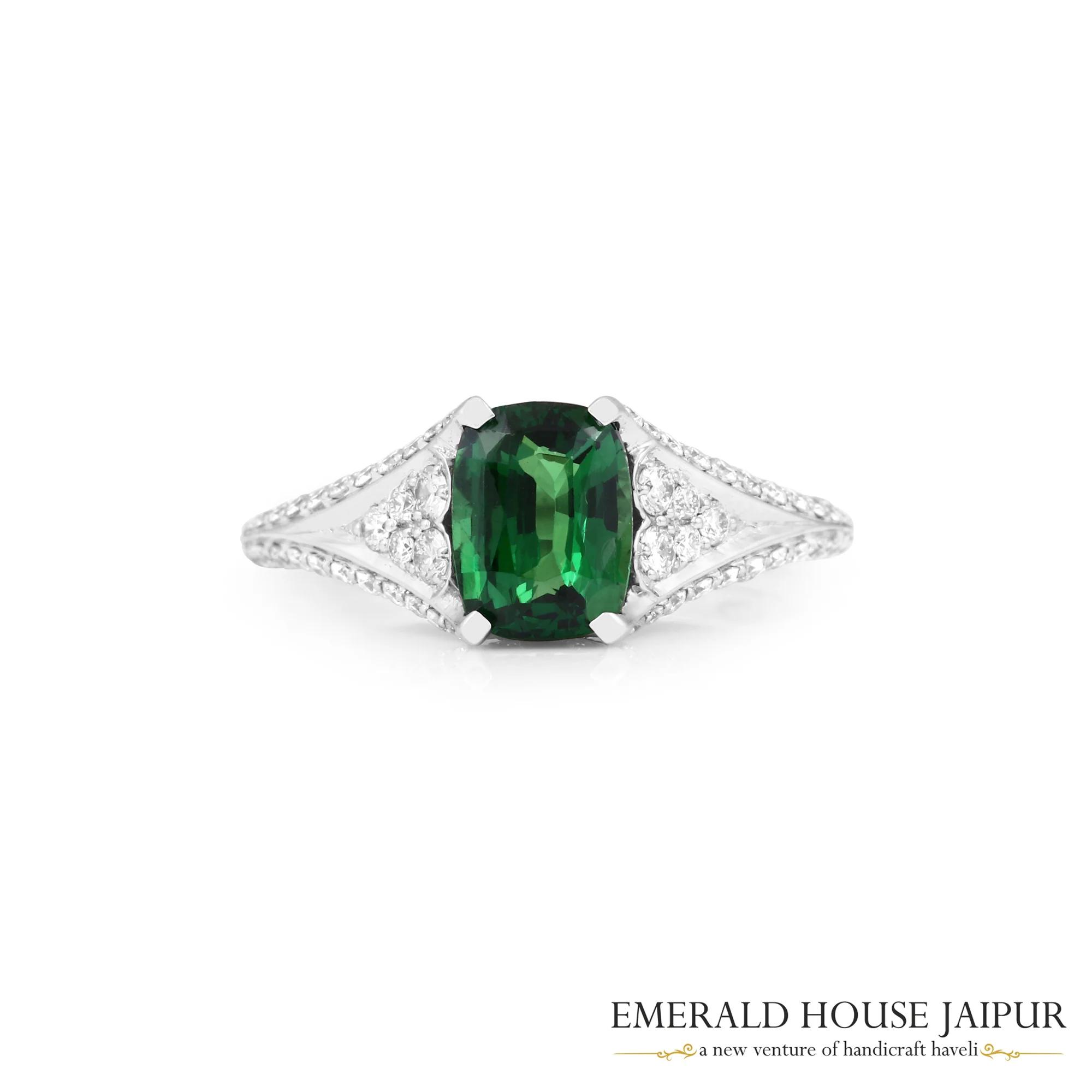 Brazilian Cushion Tsavorite Ring With Round Diamonds In 18K White Gold, Emerald House Jaipur