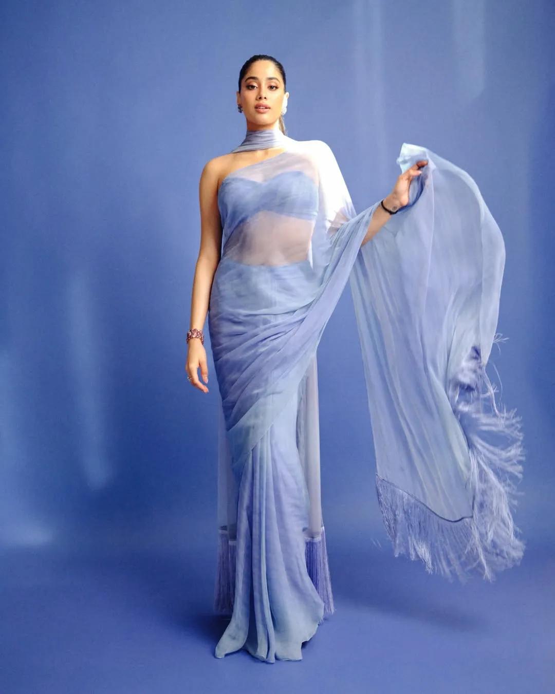 Janhvi Kapoor wearing a sari with fringes on the drape