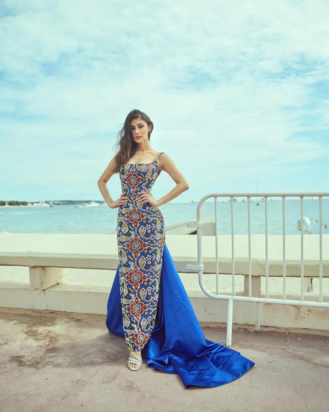 Mouni Roy wearing a cobalt blue outfit