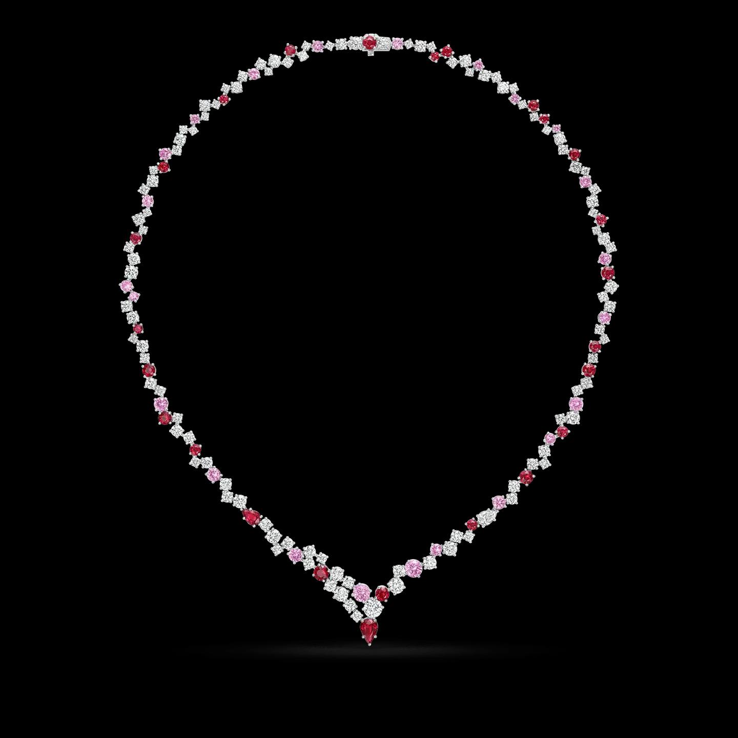 Sparkling Cluster Pink Sapphire, Ruby, and Diamond Necklace