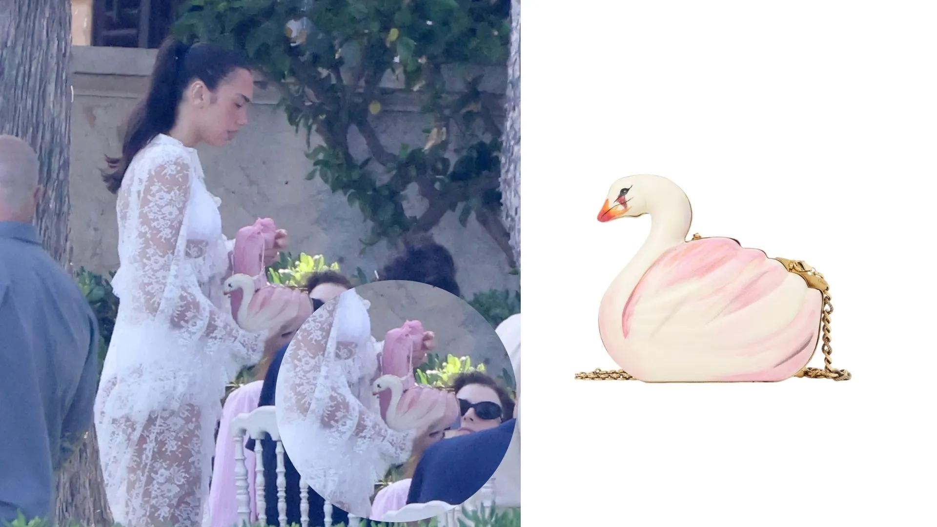 Dua Lipa carrying a swan-shaped bag from Chloé at her wedding brunch in Sicily